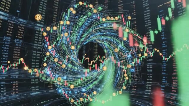 Bitcoin Market Trends Swirling with Finance Data in a Digital Vortex Scene
