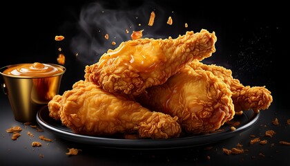 golden brown crispy fried chicken on black background generated by generative ai