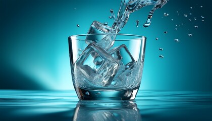 clear glass ice cubes pouring water splashing liquid turquoise background high speed photography macro shot refreshing beverage droplets crystal clear dynamic motion cool tones transparent