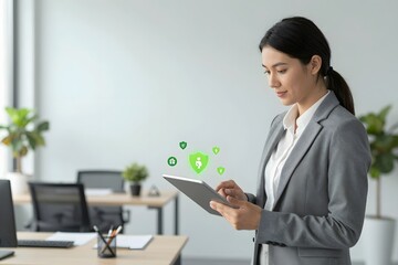 A professional woman in a modern office setting, utilizing a digital tablet with a focused expression, surrounded by office equipment and lush greenery