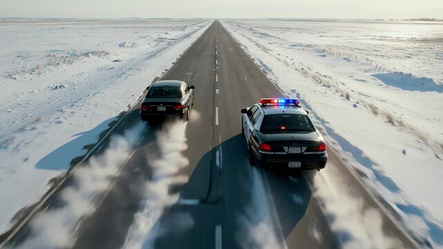 Emergency Lights Illuminate Icy Landscape During Tense Police Pursuit