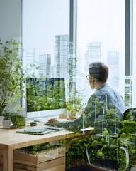 A person working at a desk surrounded by plants in a modern office with a cityscape view through the large window