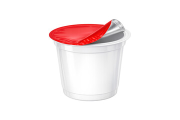 White plastic yogurt cup mockup with a partially peeled red foil lid, isolated on a transparent background