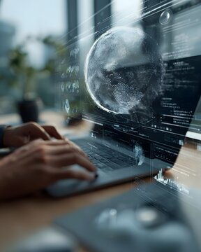 Person working on laptop with global data visualization and coding interface in a modern office setting from a close-up viewpoint