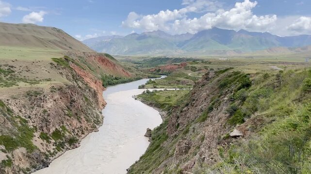 Eki Naryn, Kyrgyzstan &ndash; river confluence where the Small Naryn and Chong Naryn rivers join, forming the Naryn River, with dramatic mountain scenery.