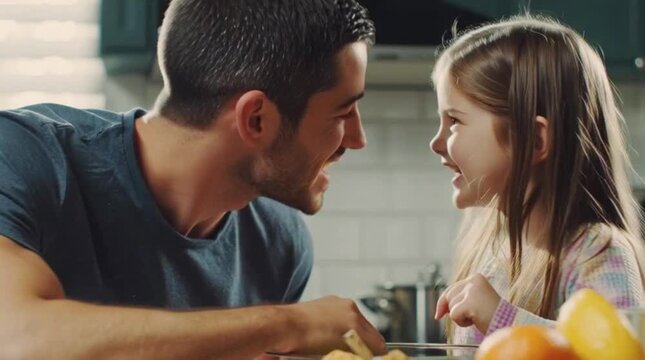 Father and Daughter Cooking Together at Home in Bright Kitchen