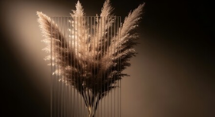 Dried Pampas Grass Behind Ribbed Glass | Moody Luxury Botanical Background with Warm Brown Aesthetic