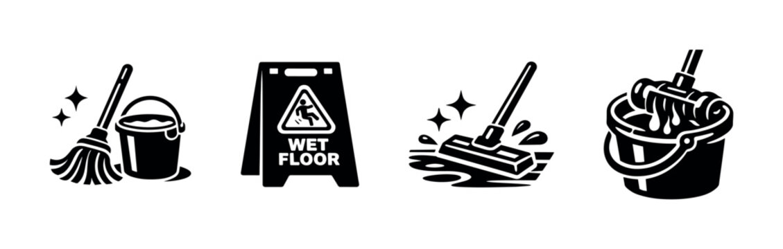 Cleaning tools and wet floor sign icons in black and white, flat vector illustration