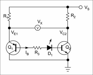 Obraz premium Technical schematic diagram of analog electronic device. Vector drawing electrical circuit with transistor, resistor, led indicator, constant voltage source, other components.