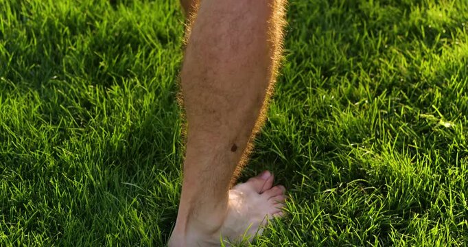 Close up shows barefoot male legs on grass. Man is walking barefoot in green park. Feet step on lawn barefoot. Skin touches nature directly. Healthy summer walk outdoors.