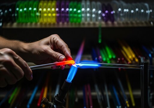 Artisan crafting glass with a torch, vibrant colors in workshop.