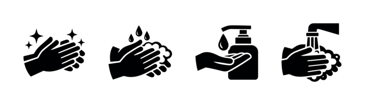 Hand washing icons set with soap and water, flat vector illustration
