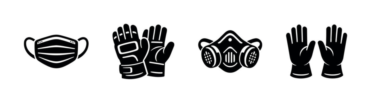 Protective gear icons: masks, gloves, respirator - flat vector illustration