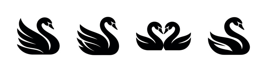 Fototapeta premium Swan silhouettes in various poses, flat vector illustration