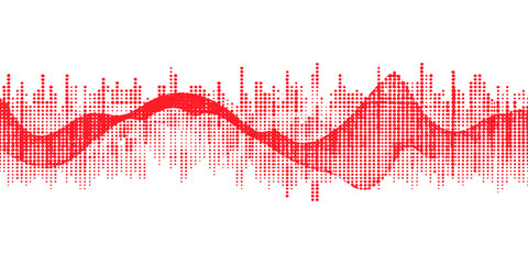 Fototapeta premium Digital illustration of a red heart beat wave on a dark background featuring a blue electronic frequency graph and audio equalizer bars for a modern technology design