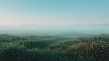 Naklejka premium Mystical Meadow Morning: A serene landscape reveals a grassy expanse enveloped in a soft, ethereal mist, creating a sense of tranquility and the beauty of nature.
