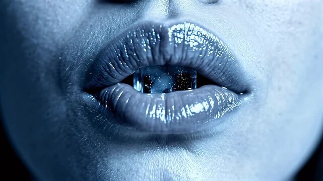 Closeup of lips with ice cube