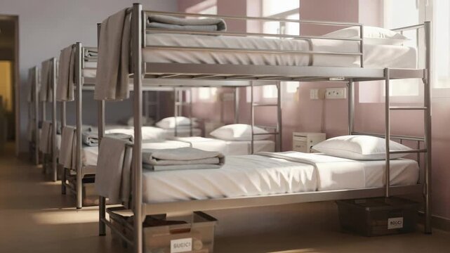 Medium shot of a youth shelter dormitory featuring neatly arranged bunk beds with crisp linens soft light casting gentle shadows main bed in sharp focus background blurred.