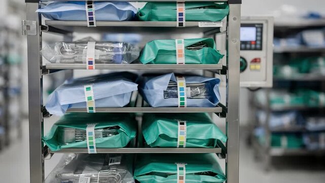 Compact shelving unit with sterilized wrapped sets and visible indicator strips in focus background shelves and electronic controls softly blurred for depth.