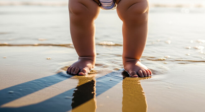 Baby's feet standing in shallow ocean water on beach