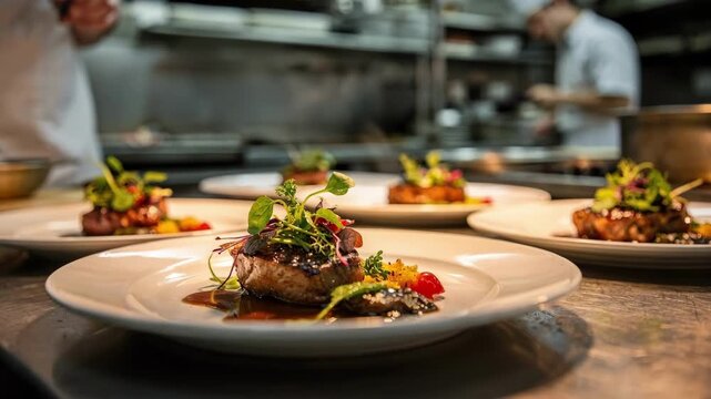Medium shot of a chef skillfully plating gourmet entrees with vibrant garnishes main dish in sharp focus and kitchen background softly blurred.