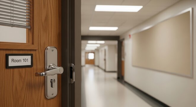 Open door revealing bright school hallway with Room 101 sign, showing long corridor. Modern school hallway features light wood door, metallic handle, blank wall.