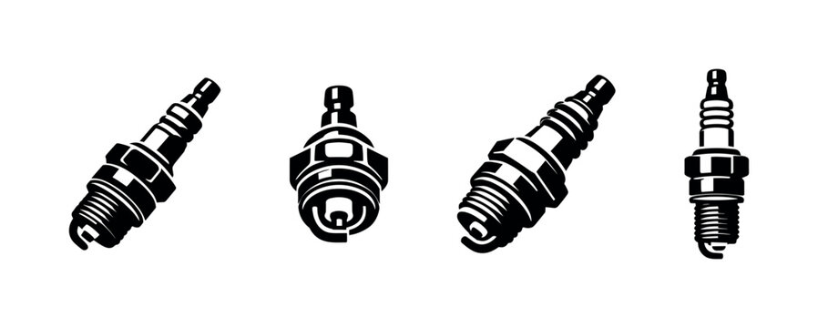 Spark plugs in various angles, flat vector illustration
