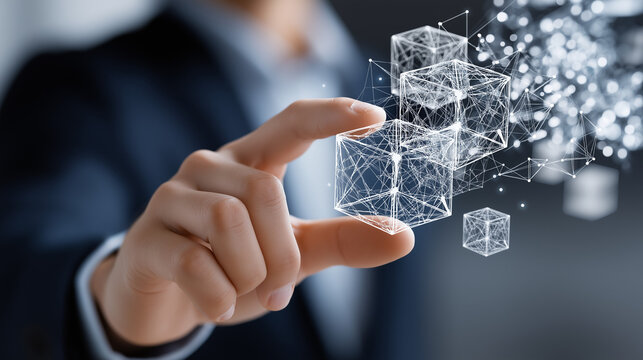 Defocused businessman touching blockchain technology networking smart contracts, decentralized finance crypto transactions, distributed ledgers tokenization security protocols, wit