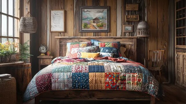  colonial american bed with patchwork quilt video