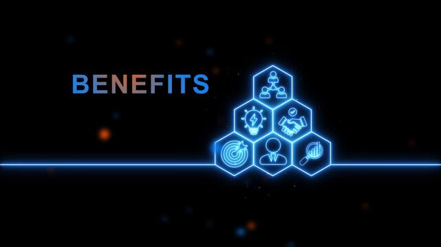Futuristic neon benefits infographic with glowing hexagonal illustrating teamwork innovation growth and success for business finance and technology presentations