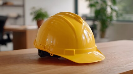 A vibrant yellow construction hard hat symbolizing safety and preparedness is placed on a clean wooden desk within a professional office environment