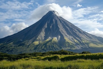Majestic volcano rises under a blue sky in a rural landscape with vibrant green fields