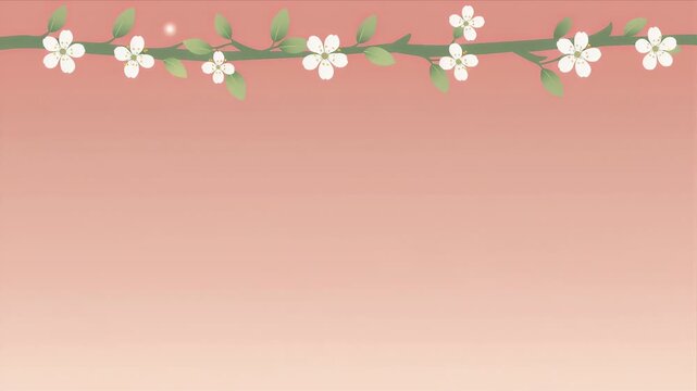 Beautiful peach background with white flowers and green leaves