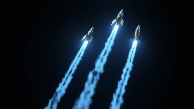 Three rockets ascend in triangular formation through dark space, leaving vivid blue exhaust trails, symbolizing propulsion, velocity, advanced technology, and coordinated futuristic space exploration.