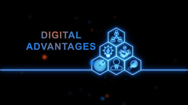 Futuristic digital advantages concept with glowing hexagon and modern typography on dark background for tech innovation business and corporate presentations