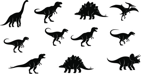 Dinosaur silhouette illustration, prehistoric reptile vector, tyrannosaurus rex sketch, stegosaurus triceratops drawing, pterodactyl flying reptile artwork, black fossil creature design © Heyy there