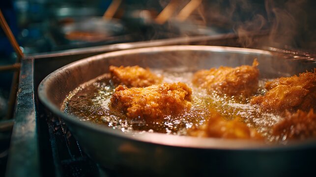 Deep frying Nganda batter until golden crust form amidst swirling Kasai palm oil aroma fill fragrant Congolese kitchen filled tender chunk of meat clean professional stock photo sharp macro