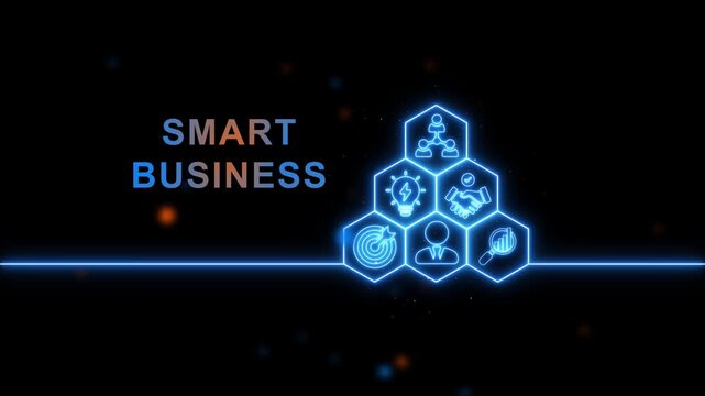 Futuristic smart business concept with glowing hexagonal and dynamic digital network visualization for innovation technology and corporate strategy presentations