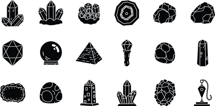 A collection of black and white icons depicting various types of crystals, gemstones, and mineral formations.