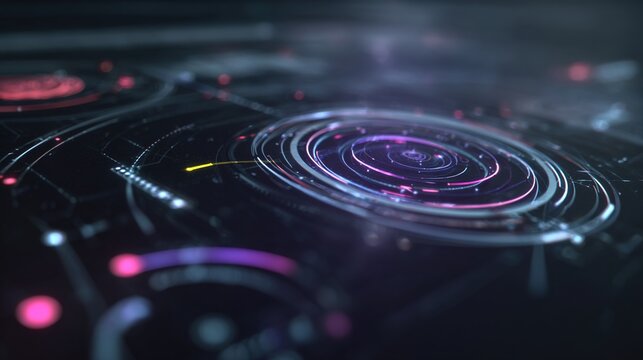 Futuristic HUD Interface: A mesmerizing HUD interface glows with complex network, orbits of digital information with a depth of field.