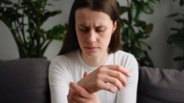 Rheumatism woman hand pain from cramp, trigger finger, wrist pain touching massaging, hand holding ache joint, arthritis inflammation. Chronic disease from injury	