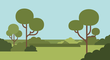 Fototapeta premium Flat design illustration of a serene natural landscape featuring various green trees and bushes under a clear blue sky.