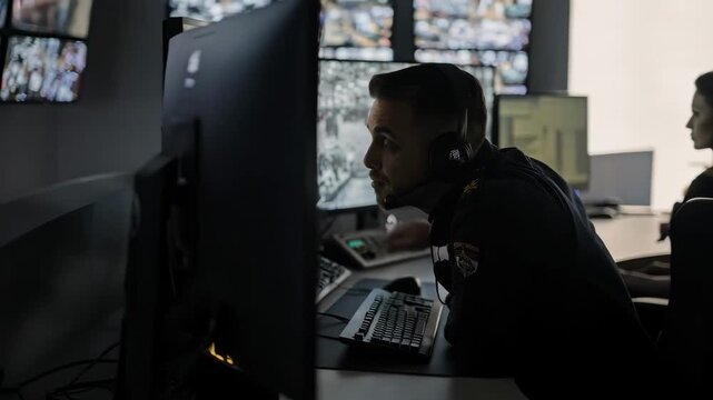 Focused view on a staff member monitoring a bank of CCTV screens in a surveillance control room with gaming areas and cash points visible on main screen others softly blurred.