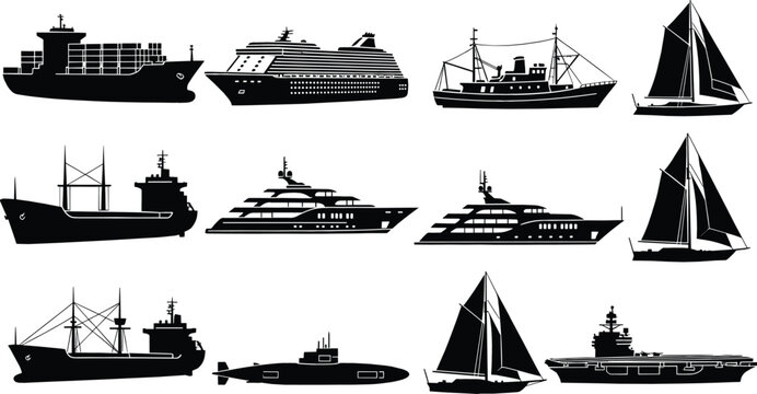 Large set of maritime vessel silhouettes including cargo ship cruise liner yacht sailboat submarine and aircraft carrier vector