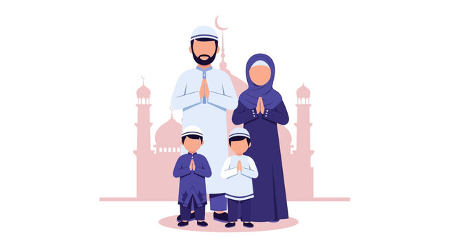 A happy Muslim family, including parents and two sons, stands together in traditional attire, making a respectful greeting gesture with a mosque silhouette in the background.