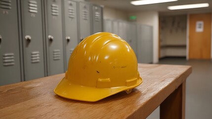 A yellow hard hat rests on a wooden bench in an industrial locker room
