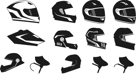 Motorcycle Helmet Silhouette Vector Icon Set with Full Face and Open Headgear Symbols for Racing, Safety, Transport, and Graphic Design Projects. © MdNazmul
