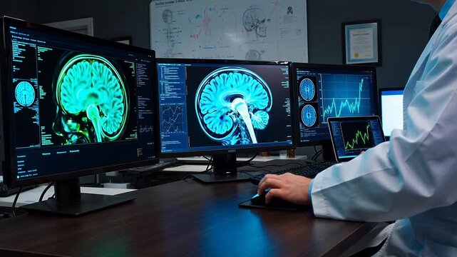 Person analyzing brain scans on computer monitors
