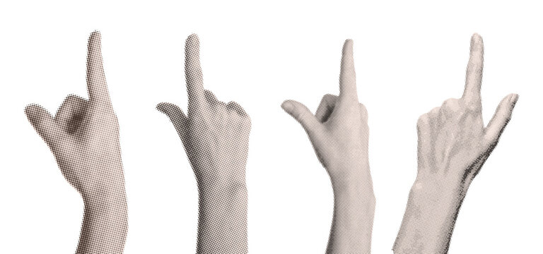 Trendy halftone collage elements set. Cut out from magazine hands with index finger gesture collection. Various index fingers grunge punk dotted stickers. Modern retro vector illustration