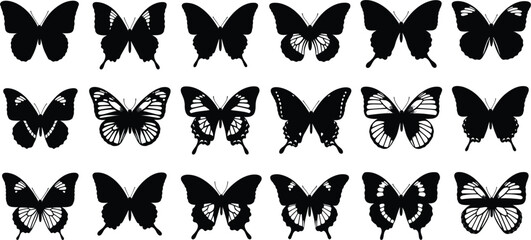 Large Set of Black Butterfly Silhouettes with Various Wing Patterns for Nature Illustrations, Garden Logo Designs, Tattoo Art, and Decorative Spring Graphics